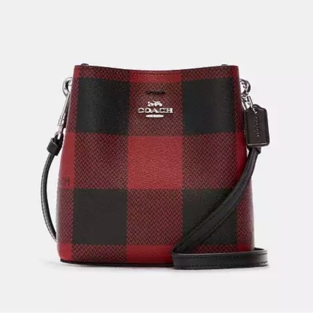 Coach Mini Town Bucket Bag Buffalo Plaid Red Black Crossbody C1548